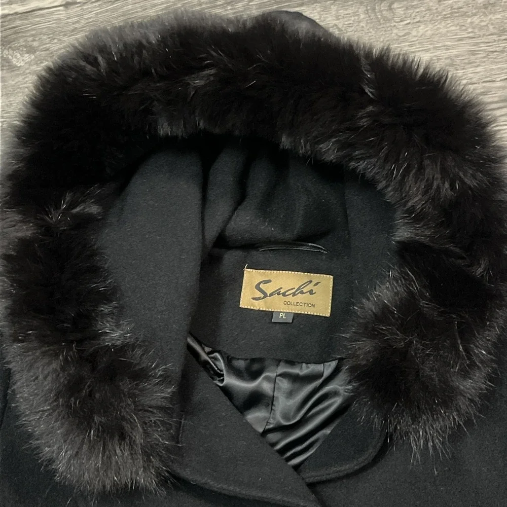 Sachi Collection Black Cashmere Blend women's Coat Size PL  Finland Fox Fur Trim - Picture 2 of 15